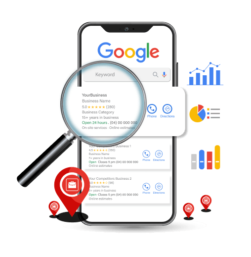 Local SEO illustration showing Google business listings, map pins and search performance